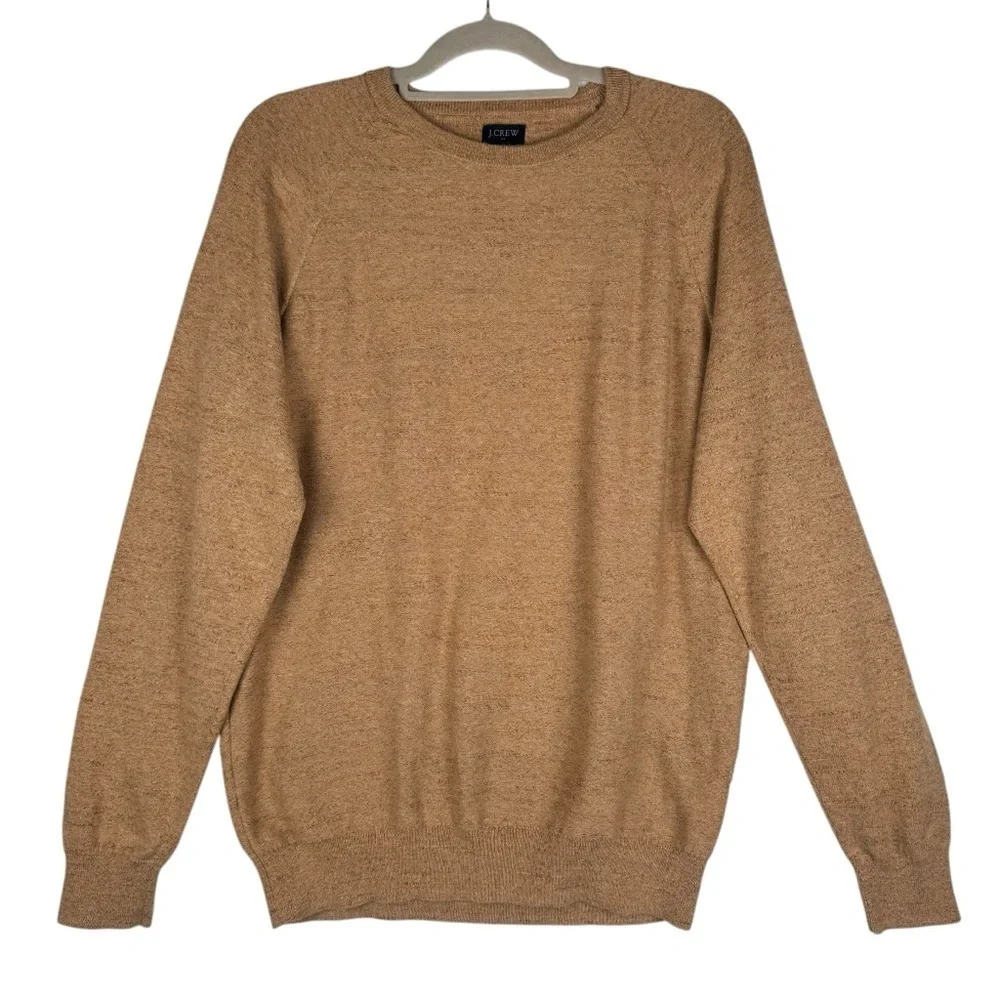 J. Crew Mens Raglan Budded Pullover Sweater Crew Neck 100% Cotton Tan Size Large